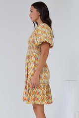 Lyn Mini Dress - On or Off Shoulder Shirred Bodice Mini Dress in Harlequin Print