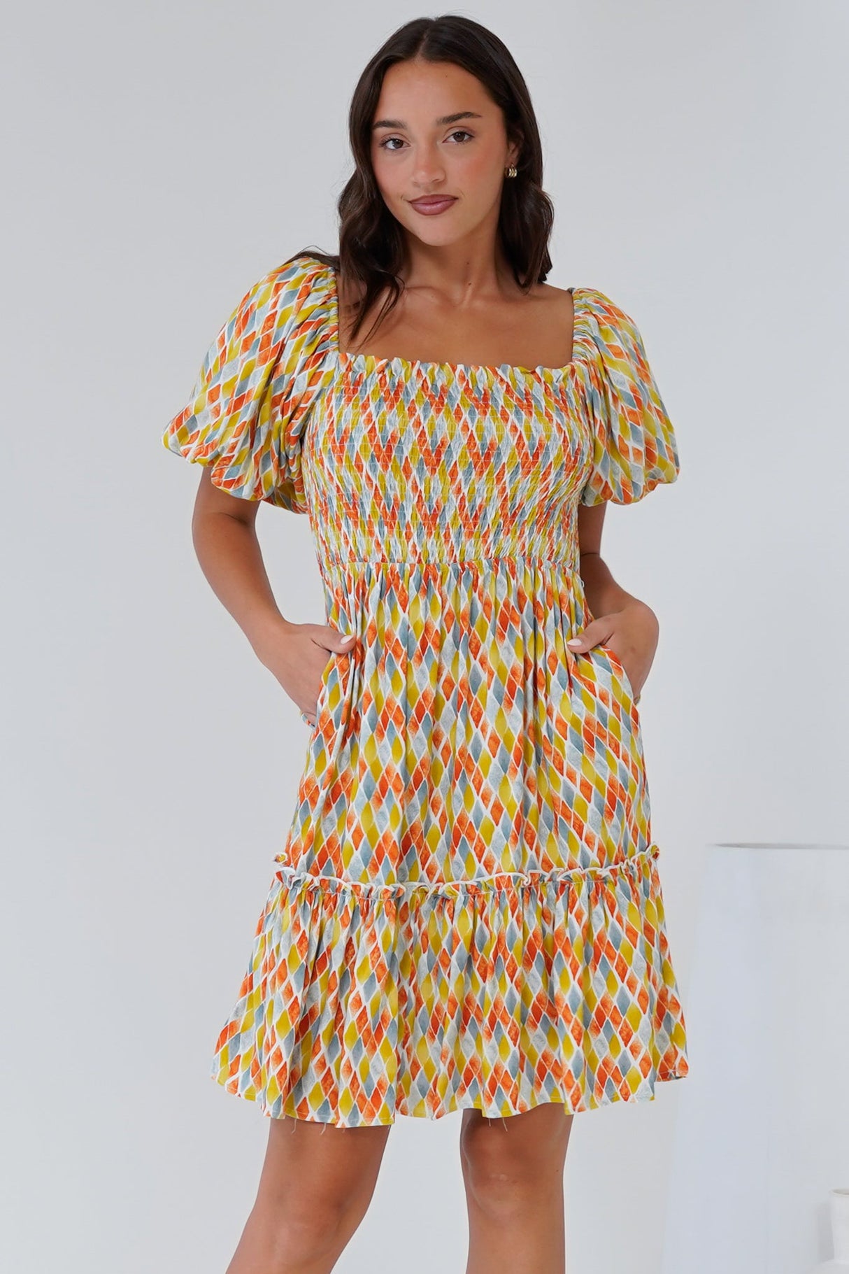 Lyn Mini Dress - On or Off Shoulder Shirred Bodice Mini Dress in Harlequin Print