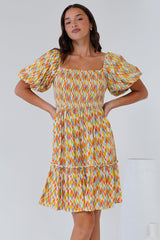 Lyn Mini Dress - On or Off Shoulder Shirred Bodice Mini Dress in Harlequin Print