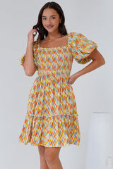 Lyn Mini Dress - On or Off Shoulder Shirred Bodice Mini Dress in Harlequin Print