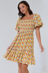 Lyn Mini Dress - On or Off Shoulder Shirred Bodice Mini Dress in Harlequin Print