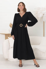 Lyna Midi Dress - A-Line Dress with Statement Rattan Buckle Belt in Black