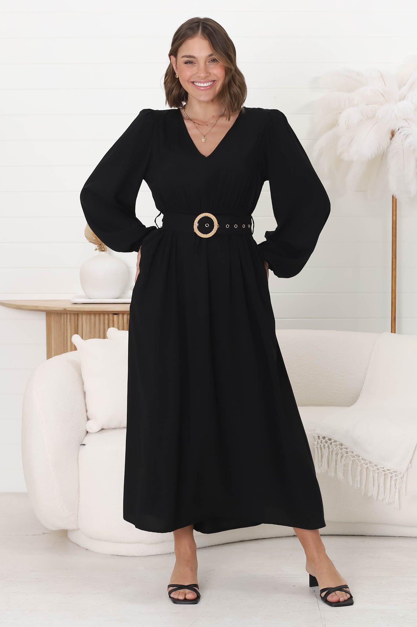 Lyna Midi Dress - A-Line Dress with Statement Rattan Buckle Belt in Black