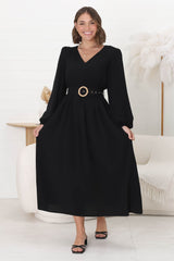 Lyna Midi Dress - A-Line Dress with Statement Rattan Buckle Belt in Black