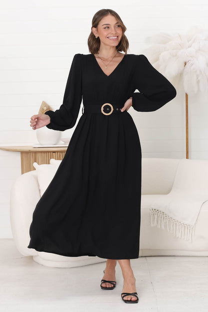 Lyna Midi Dress - A-Line Dress with Statement Rattan Buckle Belt in Black