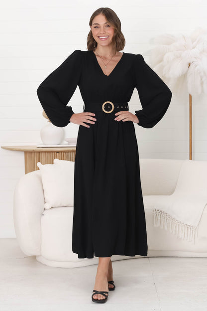 Lyna Midi Dress - A-Line Dress with Statement Rattan Buckle Belt in Black