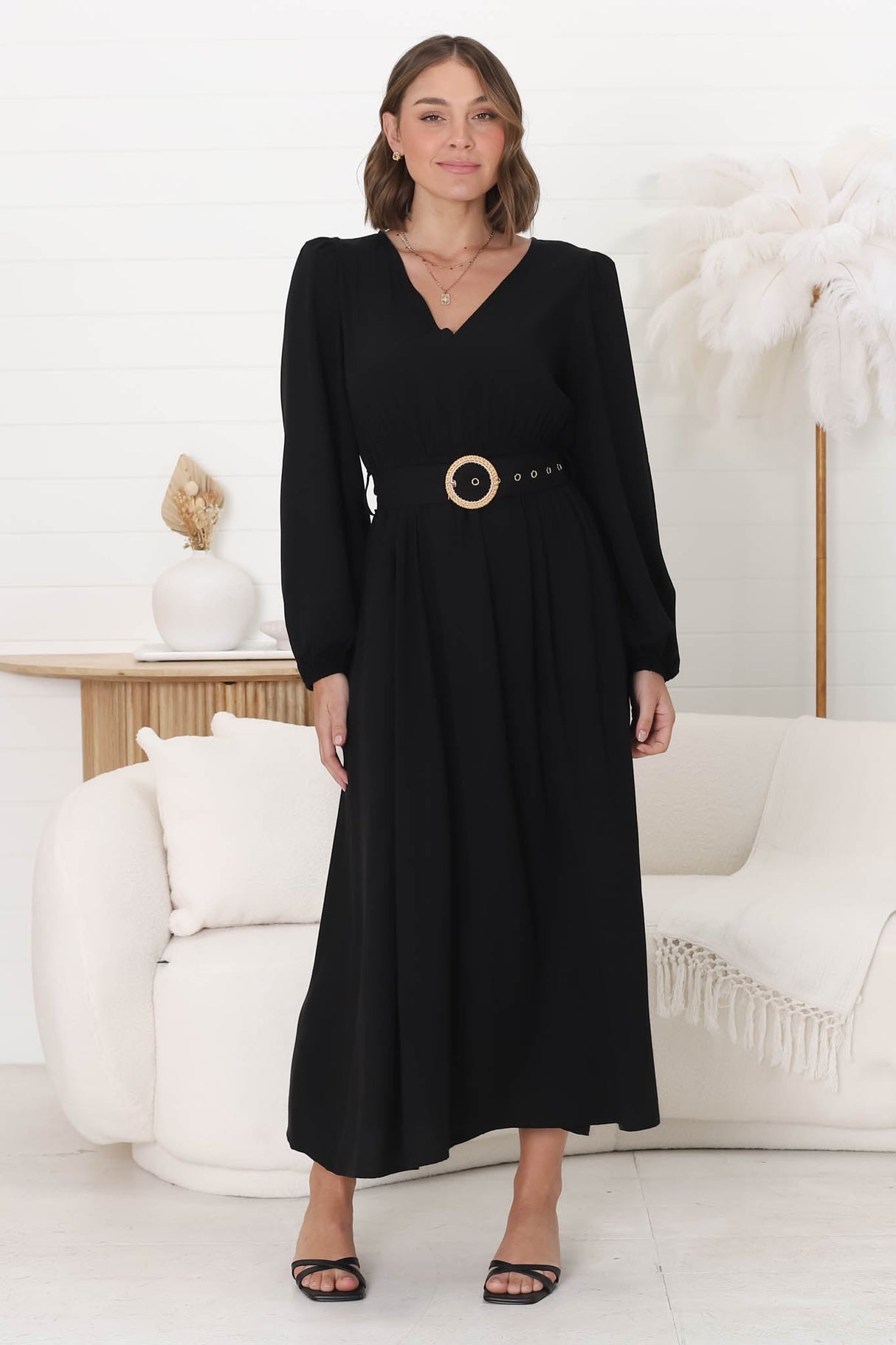 Lyna Midi Dress - A-Line Dress with Statement Rattan Buckle Belt in Black