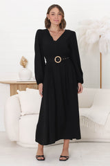 Lyna Midi Dress - A-Line Dress with Statement Rattan Buckle Belt in Black