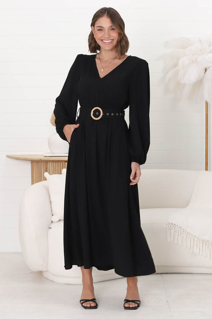 Lyna Midi Dress - A-Line Dress with Statement Rattan Buckle Belt in Black