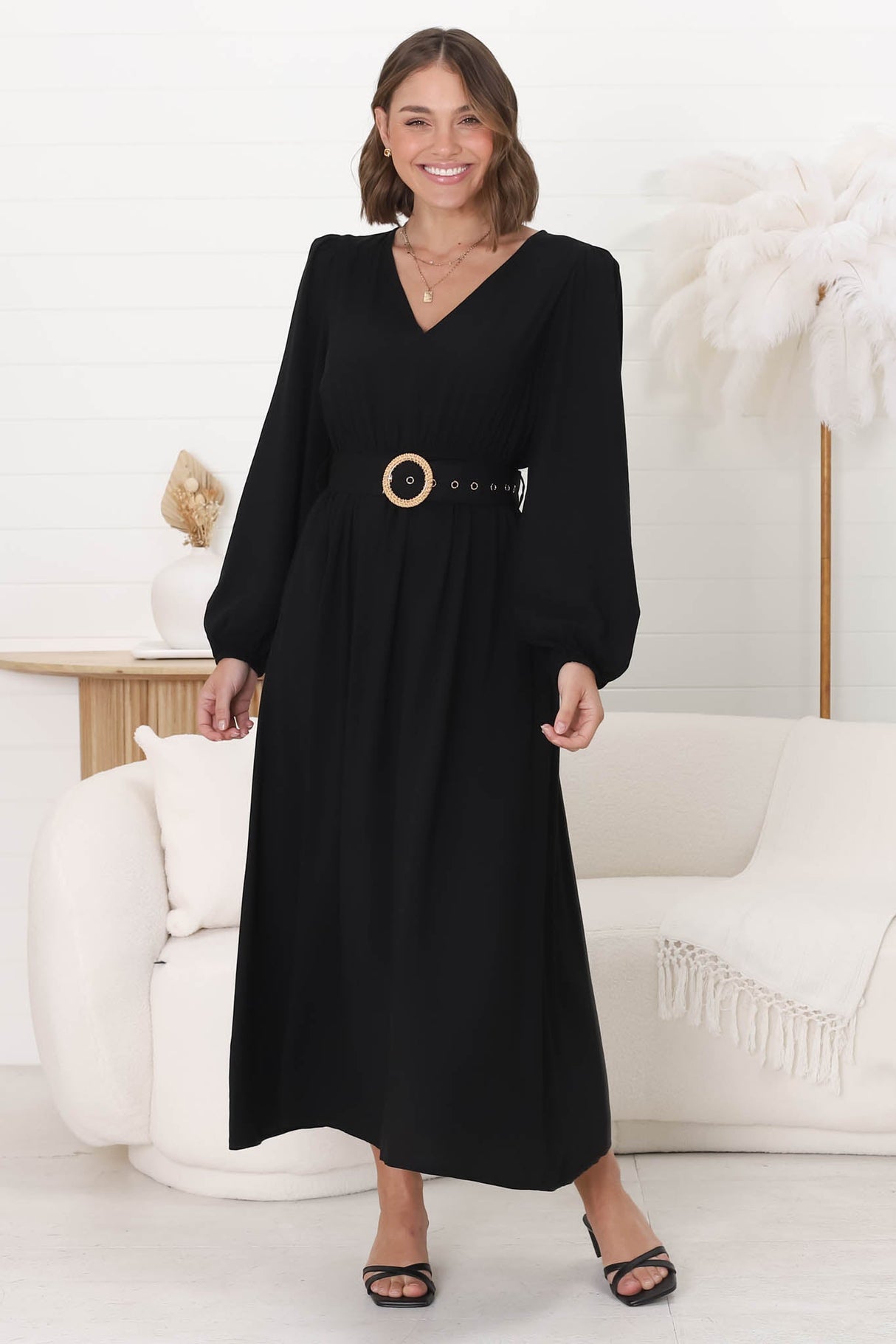 Lyna Midi Dress - A-Line Dress with Statement Rattan Buckle Belt in Black