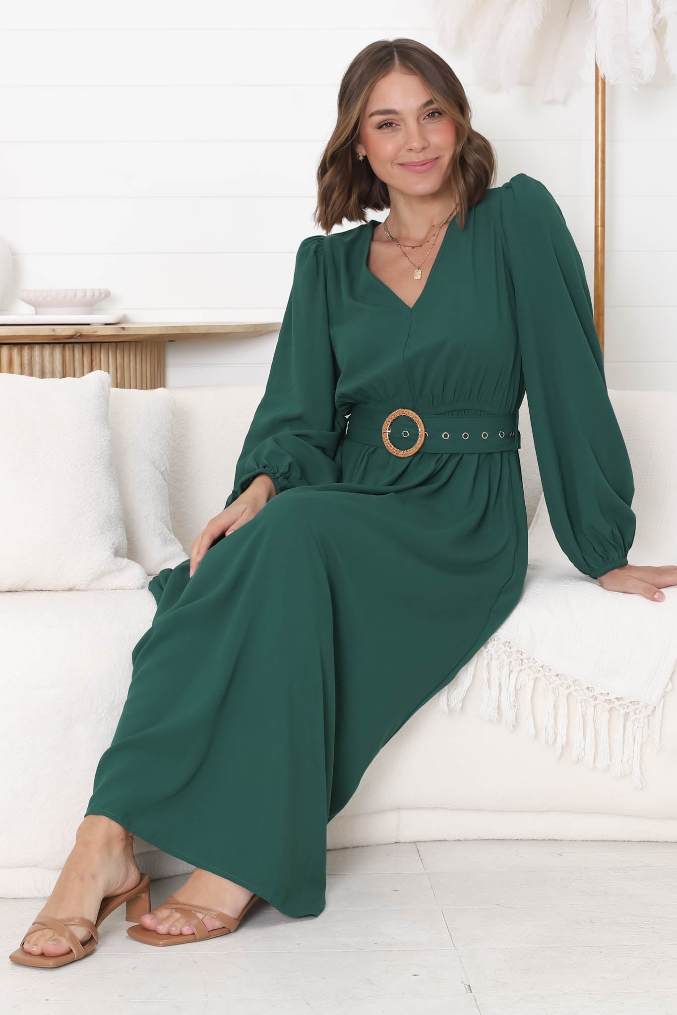 Lyna Midi Dress - A-Line Dress with Statement Rattan Buckle Belt in Emerald