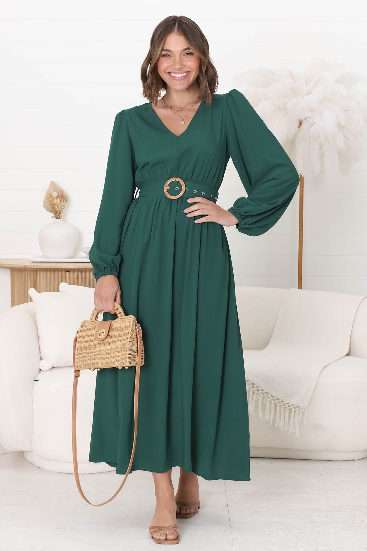 Lyna Midi Dress - A-Line Dress with Statement Rattan Buckle Belt in Emerald