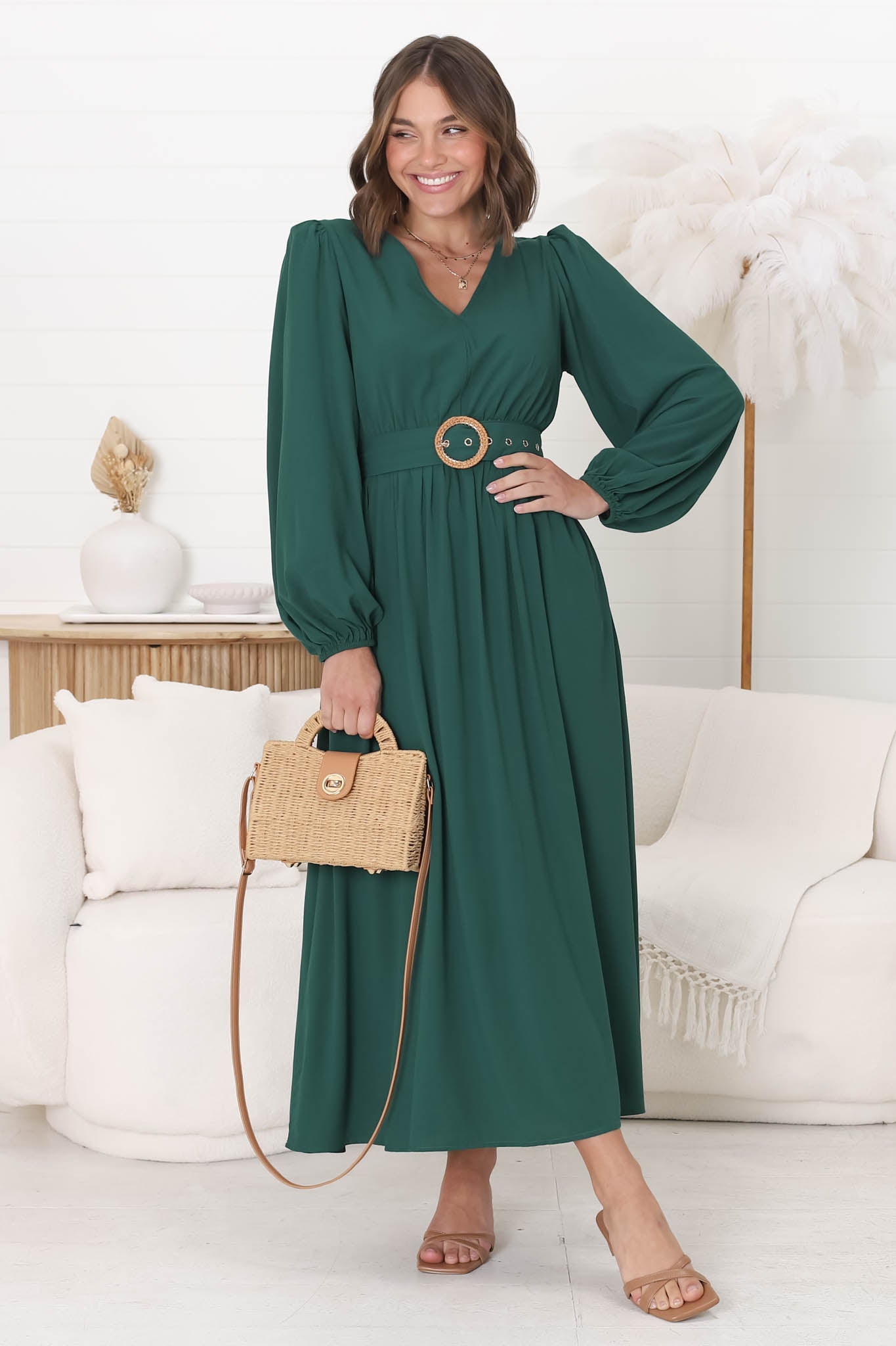 Lyna Midi Dress - A-Line Dress with Statement Rattan Buckle Belt in Emerald