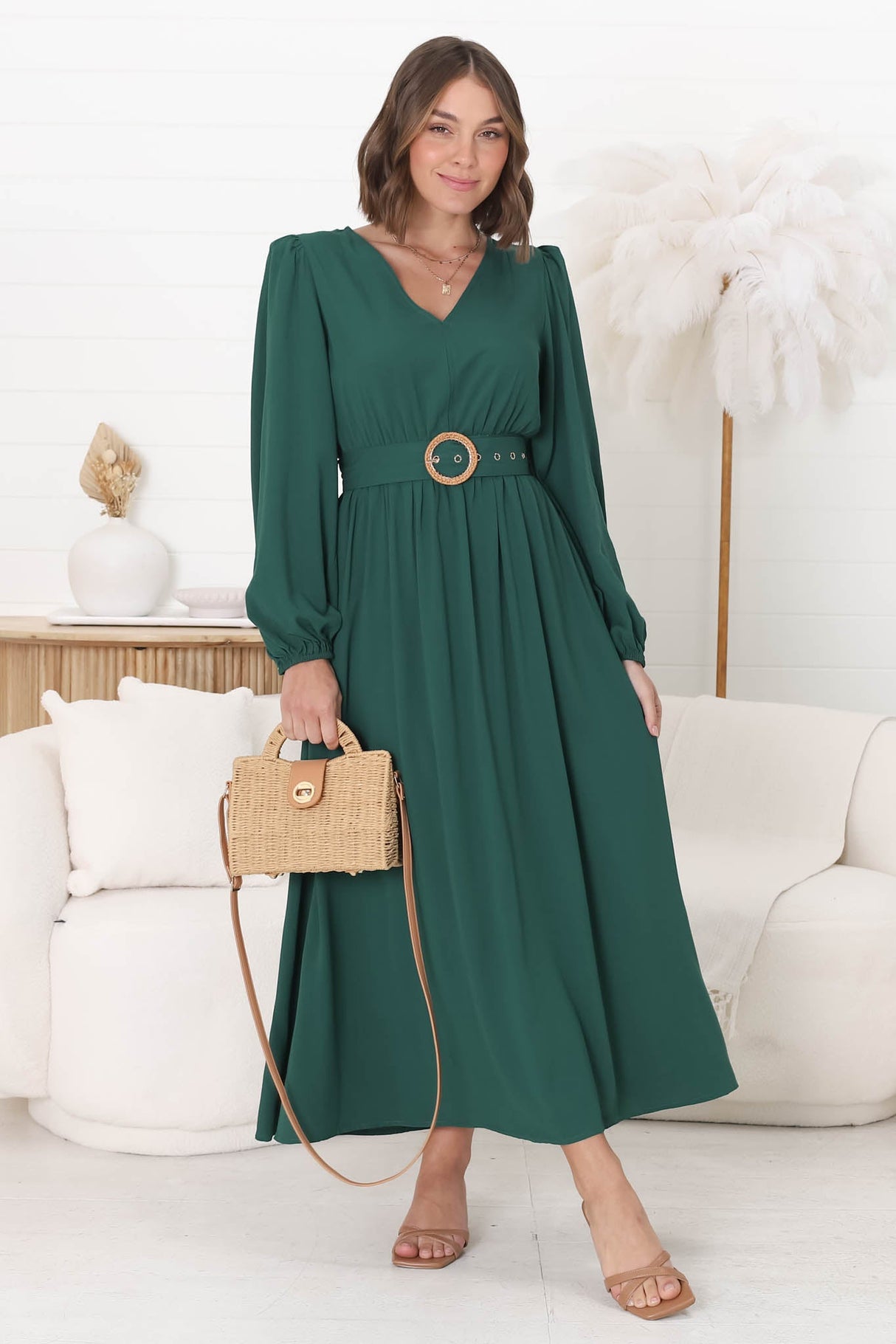 Lyna Midi Dress - A-Line Dress with Statement Rattan Buckle Belt in Emerald