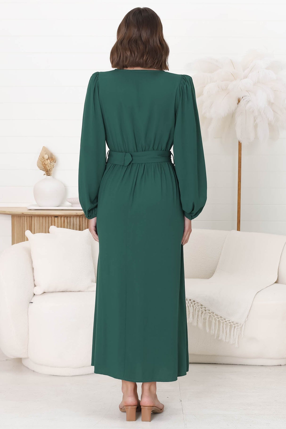 Lyna Midi Dress - A-Line Dress with Statement Rattan Buckle Belt in Emerald