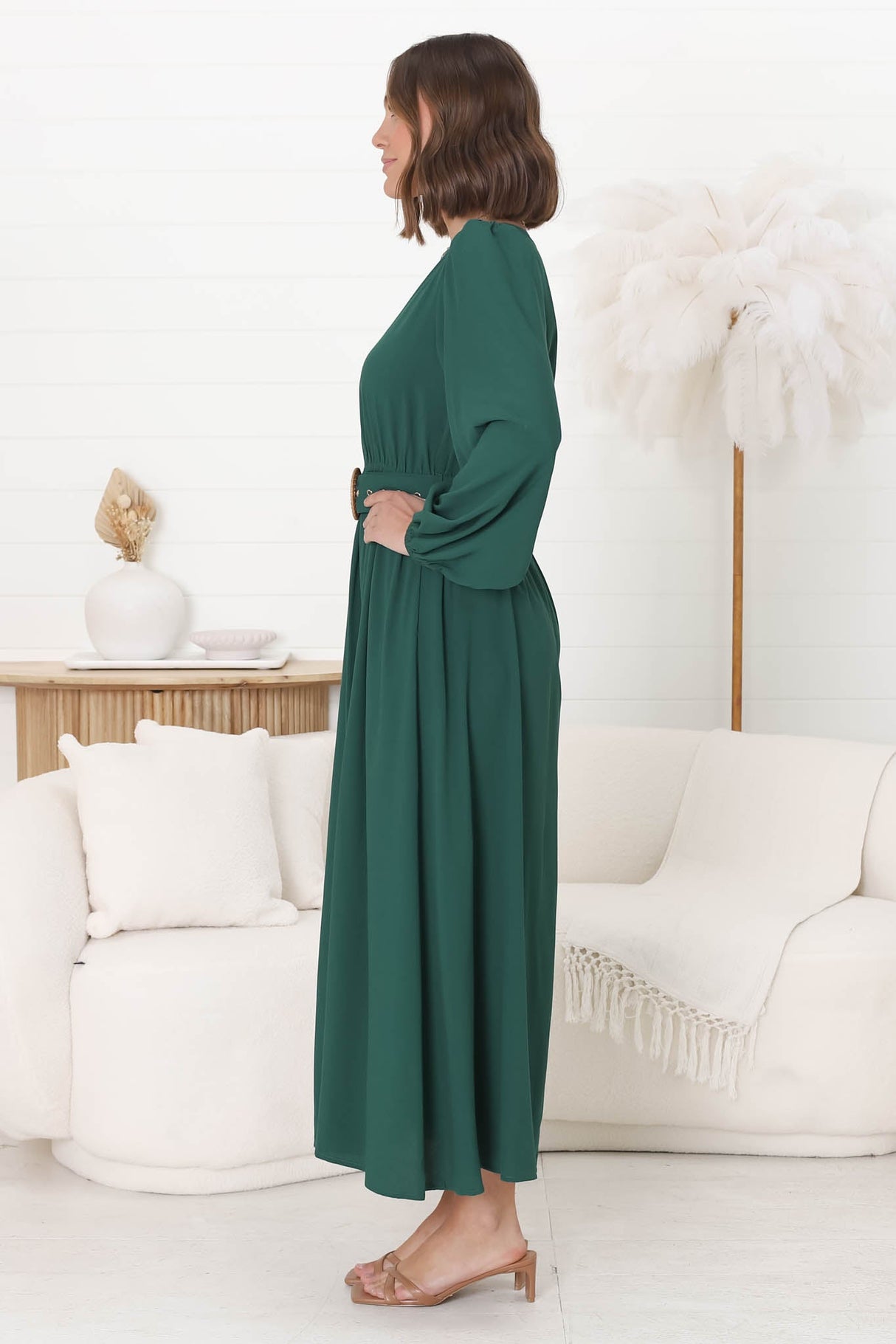 Lyna Midi Dress - A-Line Dress with Statement Rattan Buckle Belt in Emerald