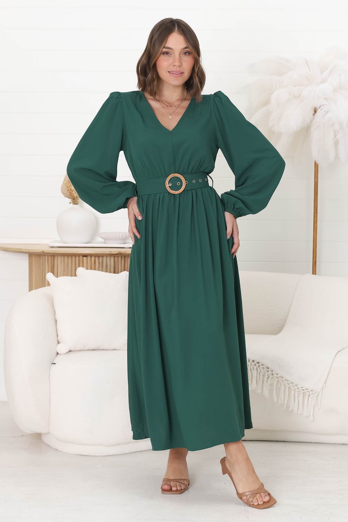 Lyna Midi Dress - A-Line Dress with Statement Rattan Buckle Belt in Emerald