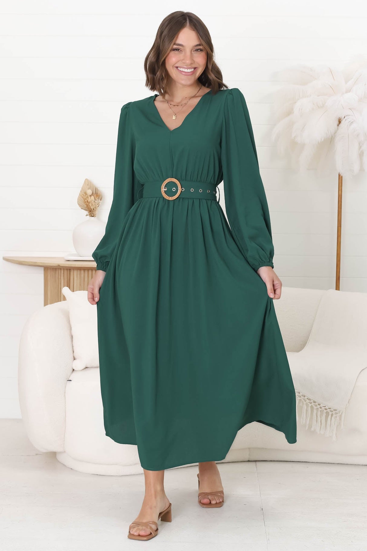 Lyna Midi Dress - A-Line Dress with Statement Rattan Buckle Belt in Emerald