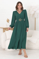 Lyna Midi Dress - A-Line Dress with Statement Rattan Buckle Belt in Emerald