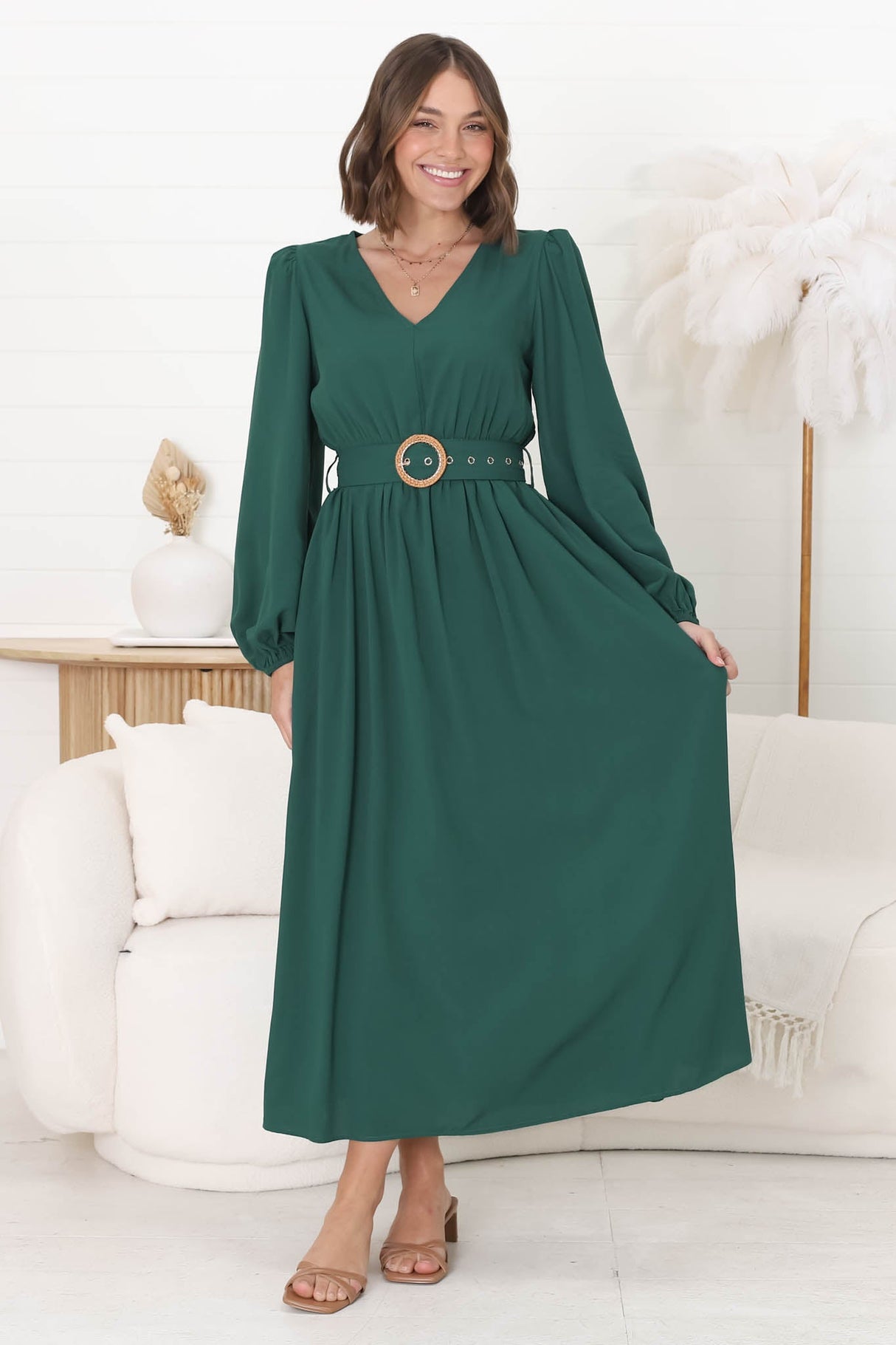 Lyna Midi Dress - A-Line Dress with Statement Rattan Buckle Belt in Emerald