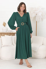 Lyna Midi Dress - A-Line Dress with Statement Rattan Buckle Belt in Emerald