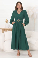 Lyna Midi Dress - A-Line Dress with Statement Rattan Buckle Belt in Emerald