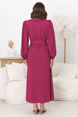 Lyna Midi Dress - A-Line Dress with Statement Rattan Buckle Belt in Magenta