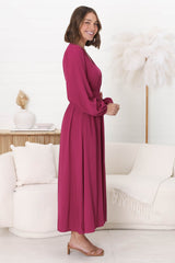 Lyna Midi Dress - A-Line Dress with Statement Rattan Buckle Belt in Magenta