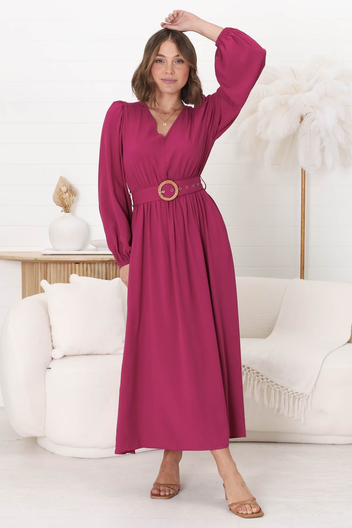 Lyna Midi Dress - A-Line Dress with Statement Rattan Buckle Belt in Magenta