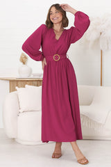 Lyna Midi Dress - A-Line Dress with Statement Rattan Buckle Belt in Magenta