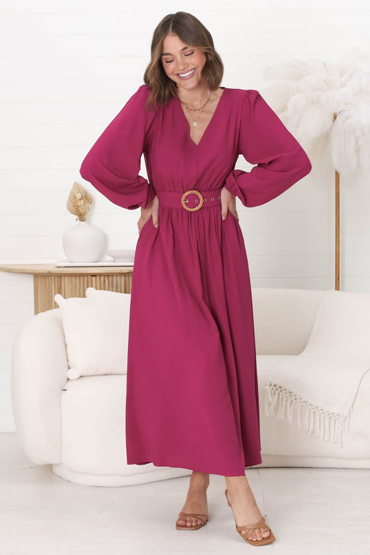 Lyna Midi Dress - A-Line Dress with Statement Rattan Buckle Belt in Magenta