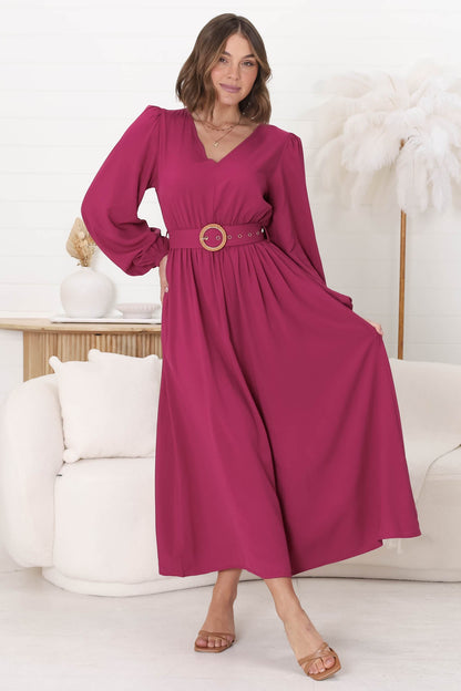 Lyna Midi Dress - A-Line Dress with Statement Rattan Buckle Belt in Magenta
