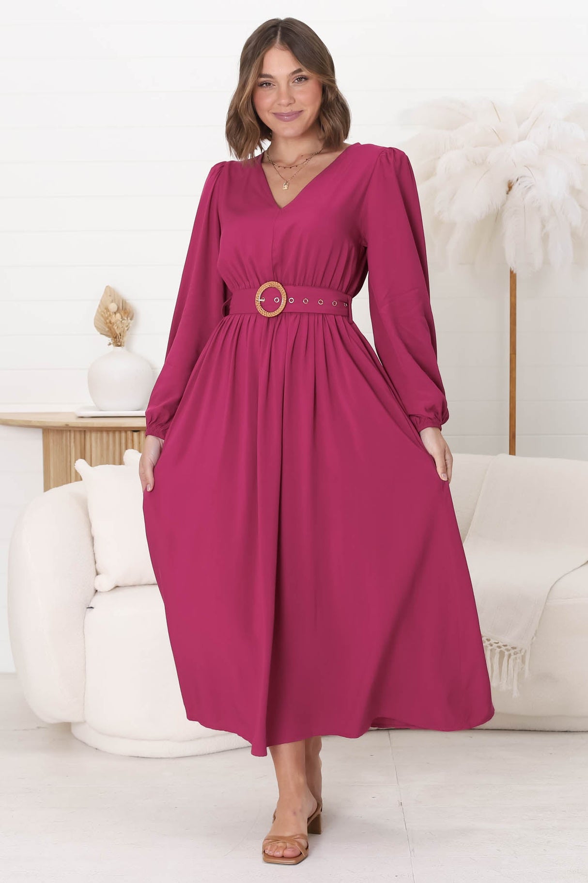 Lyna Midi Dress - A-Line Dress with Statement Rattan Buckle Belt in Magenta