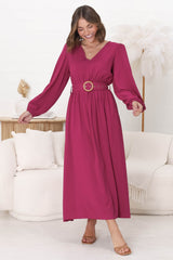 Lyna Midi Dress - A-Line Dress with Statement Rattan Buckle Belt in Magenta