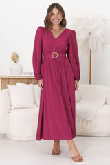 Lyna Midi Dress - A-Line Dress with Statement Rattan Buckle Belt in Magenta