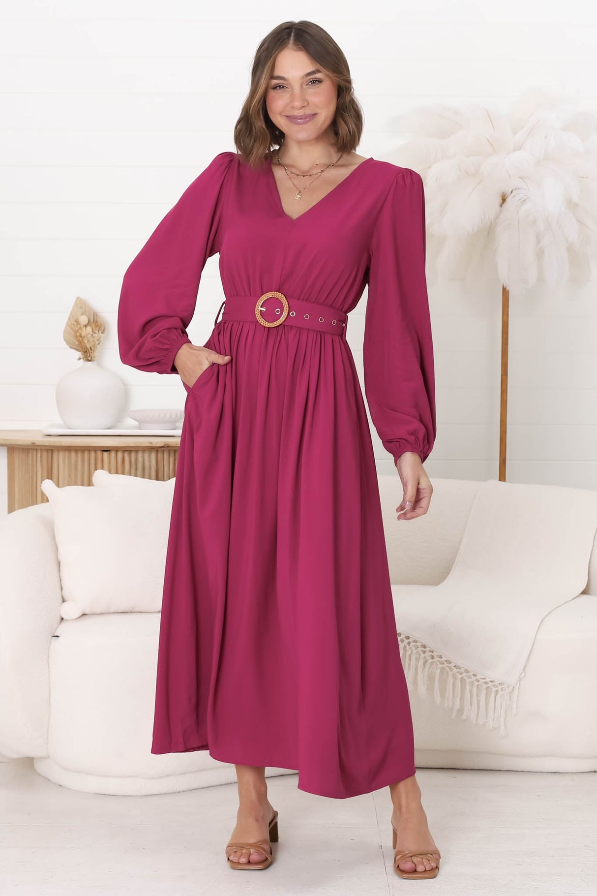 Lyna Midi Dress - A-Line Dress with Statement Rattan Buckle Belt in Magenta