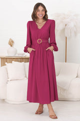 Lyna Midi Dress - A-Line Dress with Statement Rattan Buckle Belt in Magenta