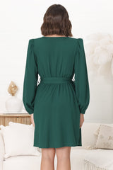 Lyna Mini Dress - A-Line Dress with Statement Rattan Buckle Belt in Emerald