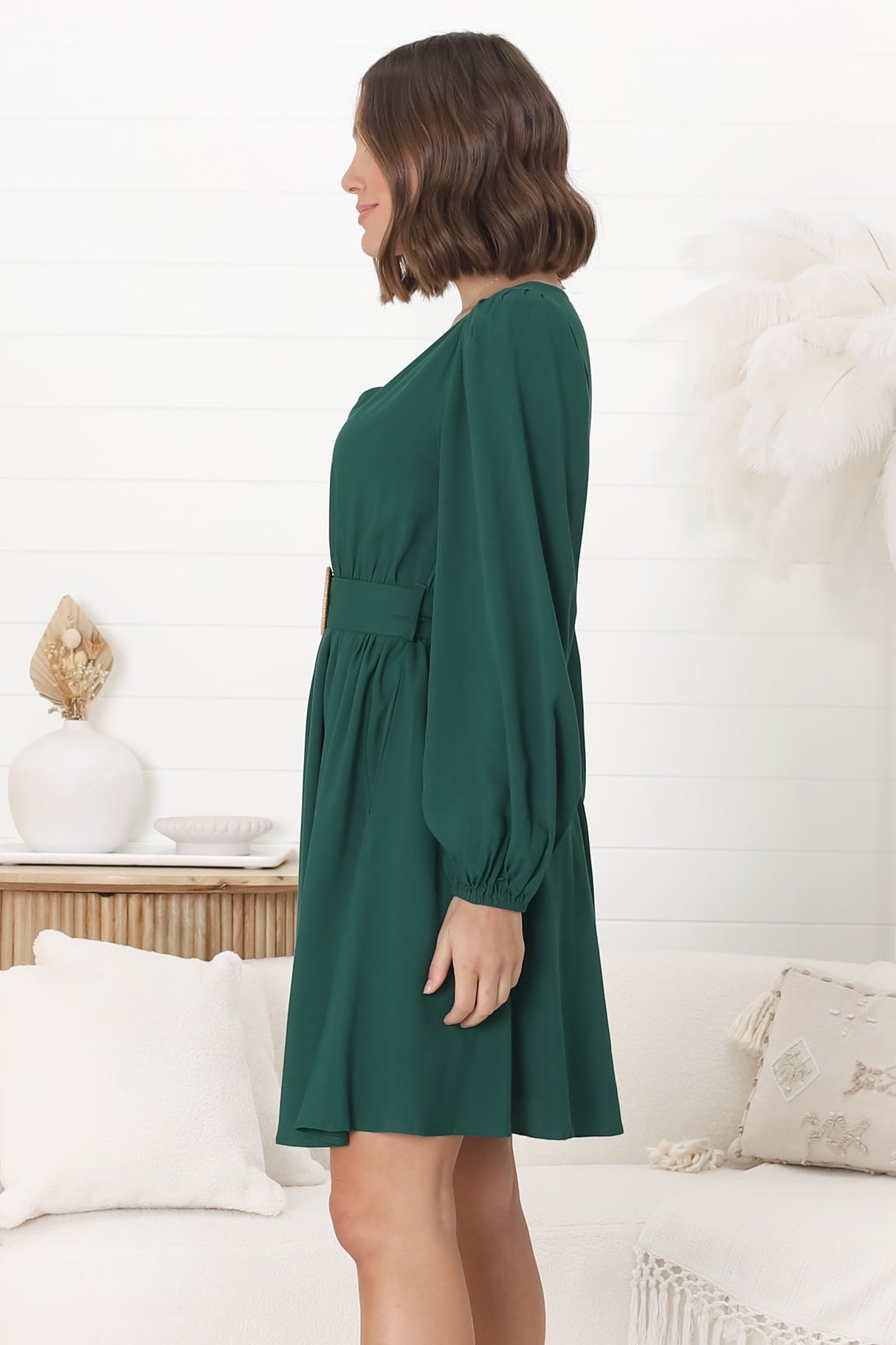 Lyna Mini Dress - A-Line Dress with Statement Rattan Buckle Belt in Emerald