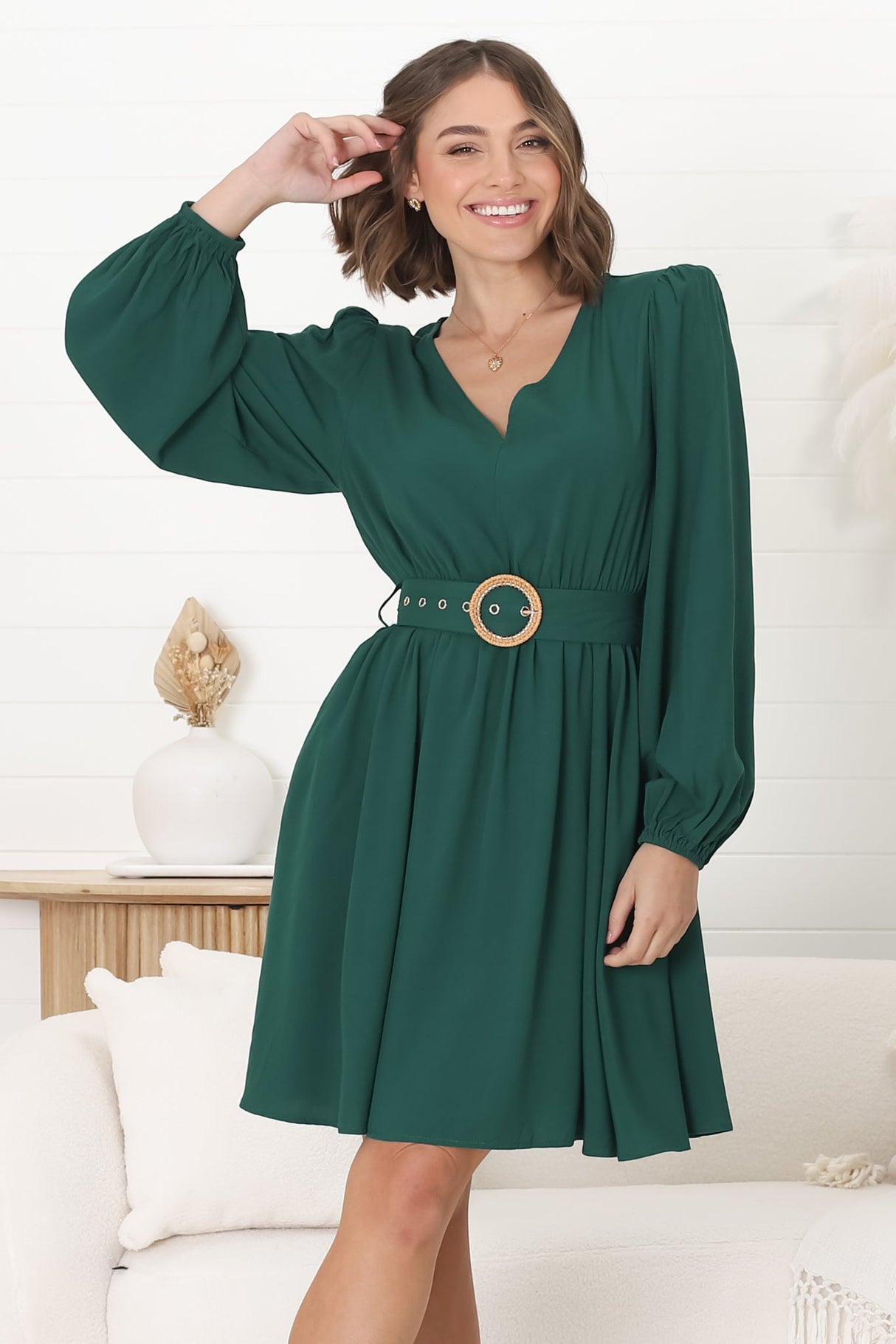 Lyna Mini Dress - A-Line Dress with Statement Rattan Buckle Belt in Emerald