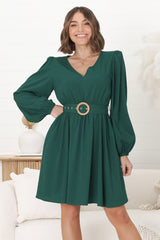 Lyna Mini Dress - A-Line Dress with Statement Rattan Buckle Belt in Emerald