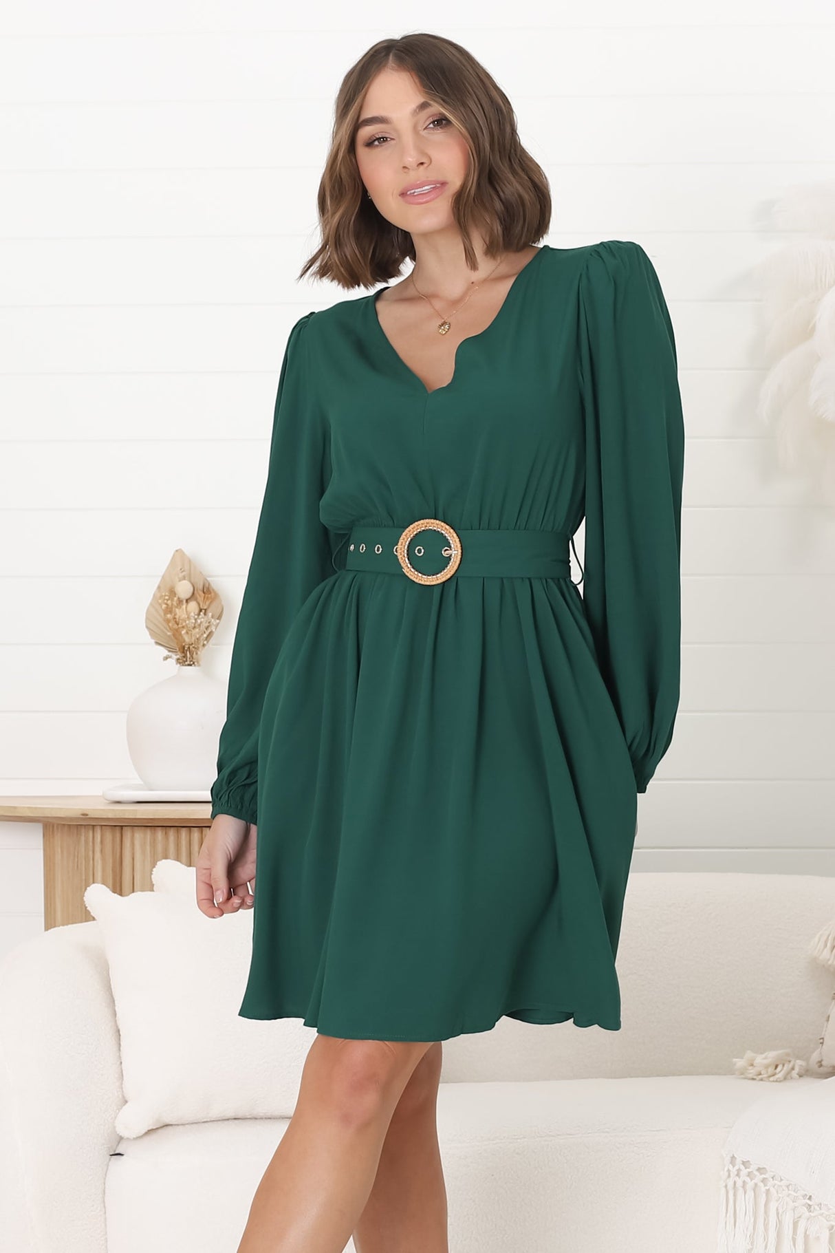 Lyna Mini Dress - A-Line Dress with Statement Rattan Buckle Belt in Emerald