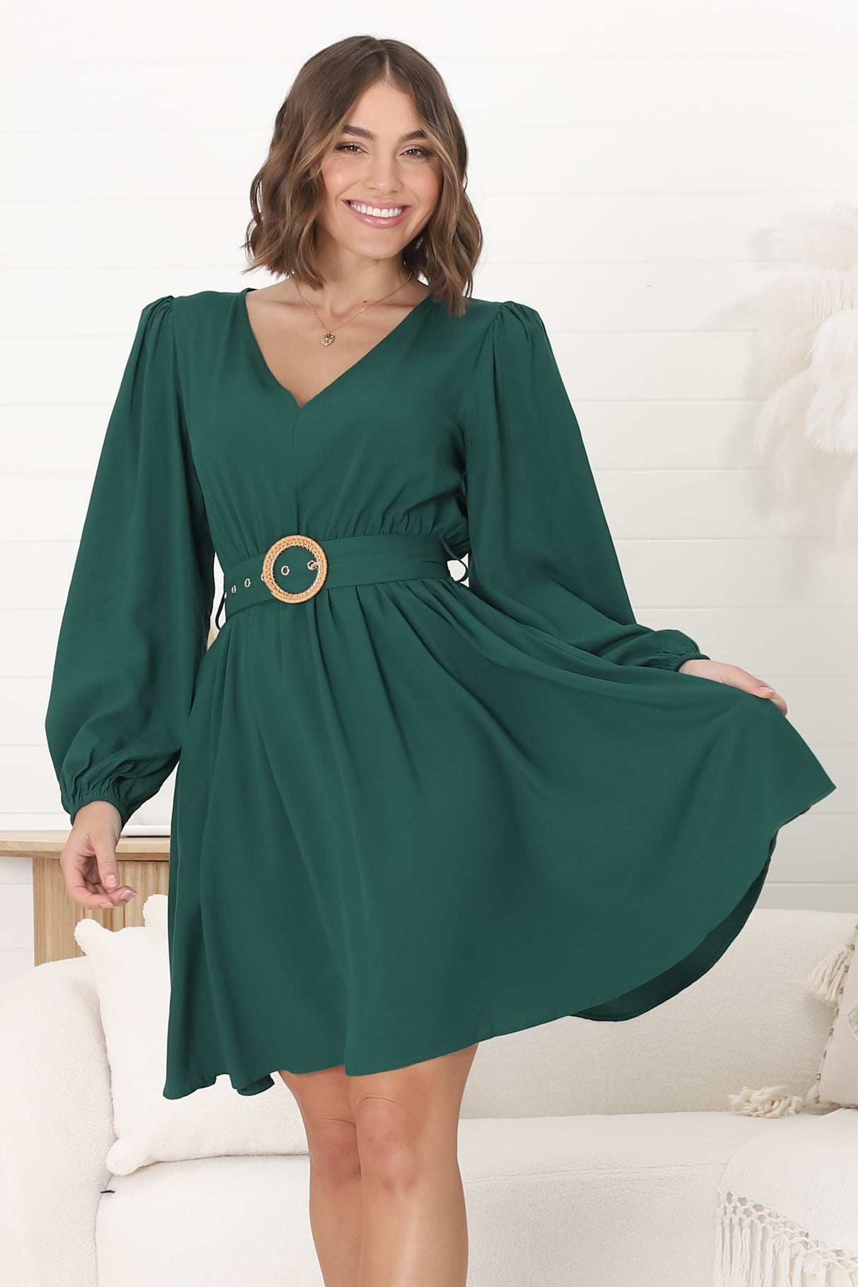 Lyna Mini Dress - A-Line Dress with Statement Rattan Buckle Belt in Emerald