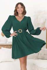 Lyna Mini Dress - A-Line Dress with Statement Rattan Buckle Belt in Emerald