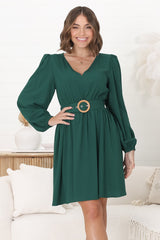 Lyna Mini Dress - A-Line Dress with Statement Rattan Buckle Belt in Emerald