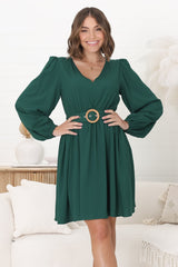 Lyna Mini Dress - A-Line Dress with Statement Rattan Buckle Belt in Emerald