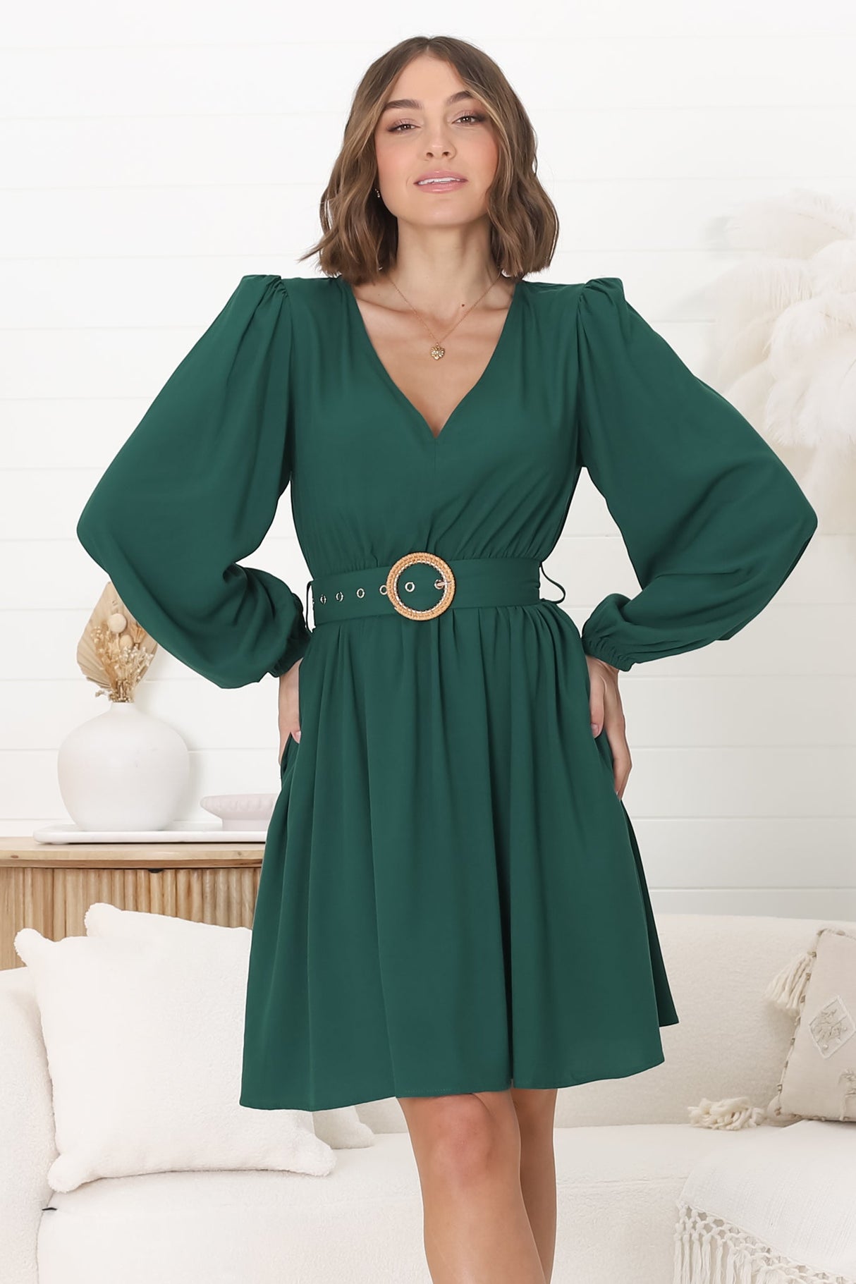 Lyna Mini Dress - A-Line Dress with Statement Rattan Buckle Belt in Emerald