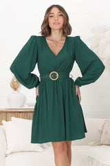 Lyna Mini Dress - A-Line Dress with Statement Rattan Buckle Belt in Emerald