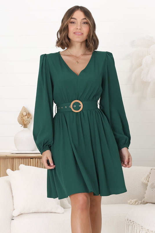 Lyna Mini Dress - A-Line Dress with Statement Rattan Buckle Belt in Emerald