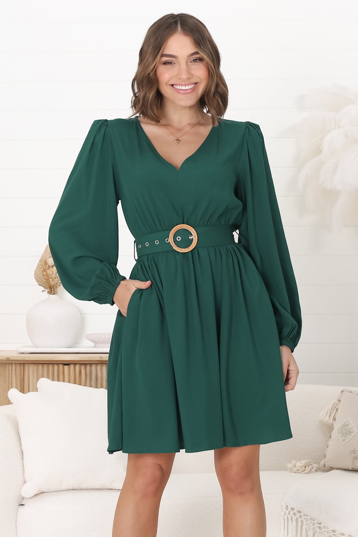 Lyna Mini Dress - A-Line Dress with Statement Rattan Buckle Belt in Emerald